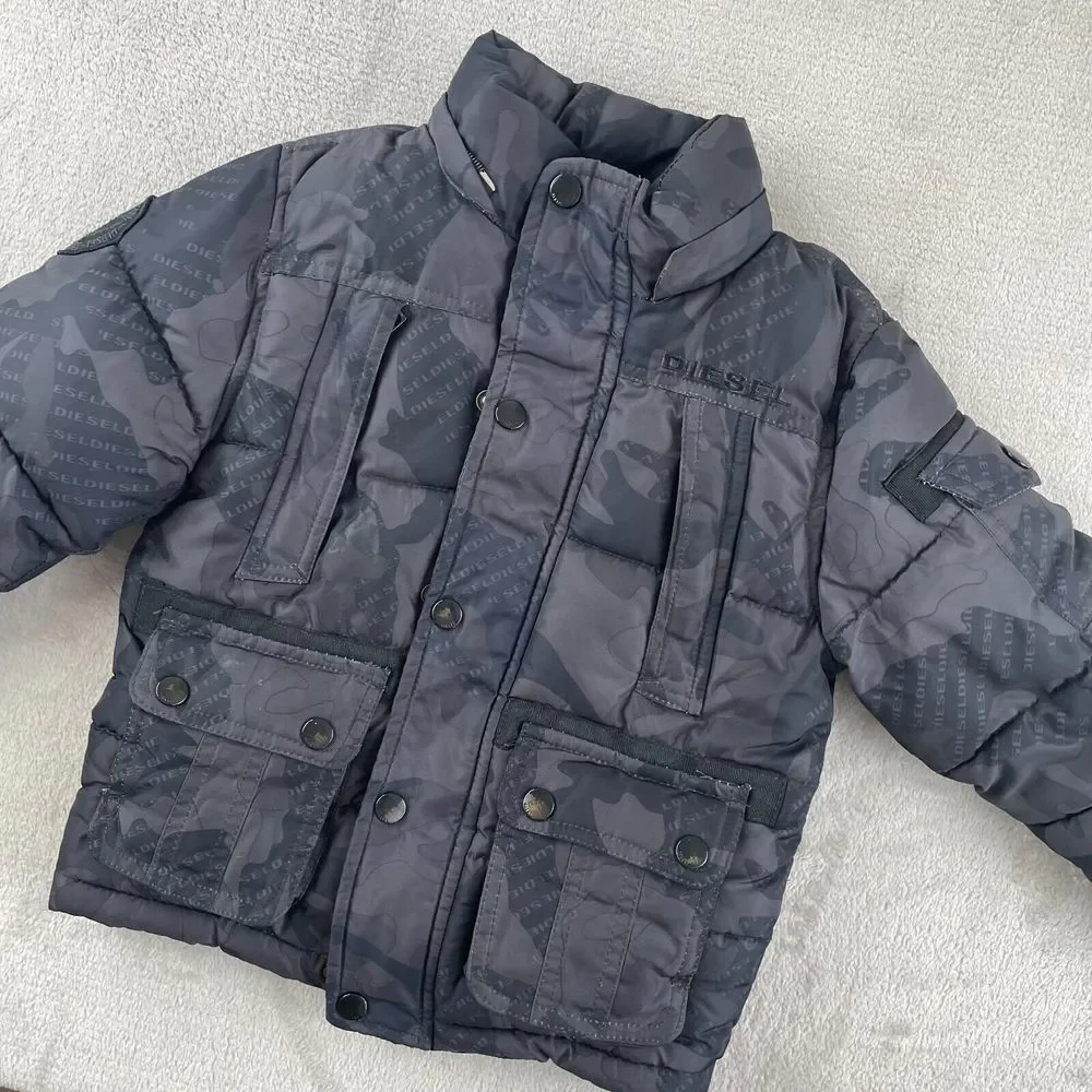 Diesel Jacket Boys 3T Black Camo Puffer‎ Zip Pockets Long Sleeve Button Up
